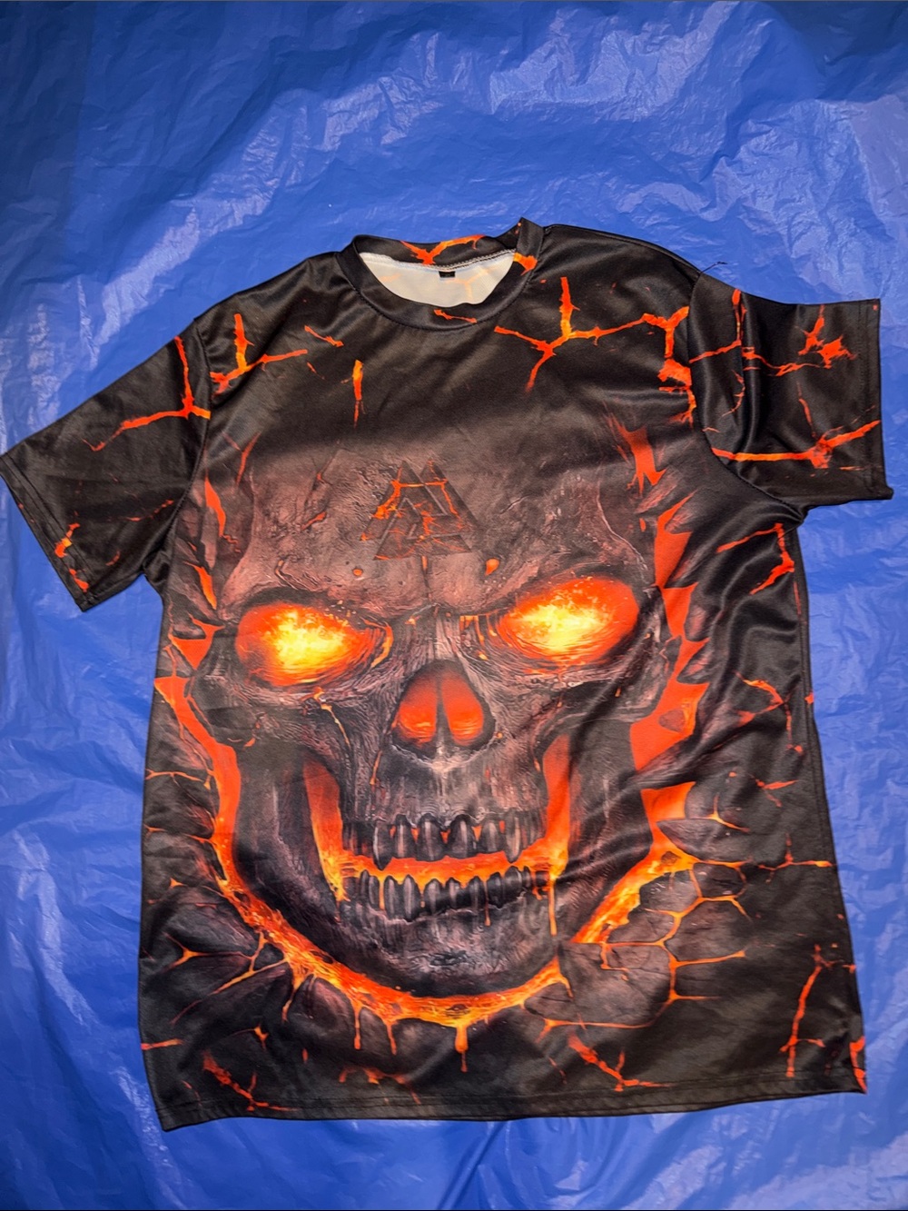 Men's Black Short Sleeve Graphic Skull Tee with Orange Lava Accent